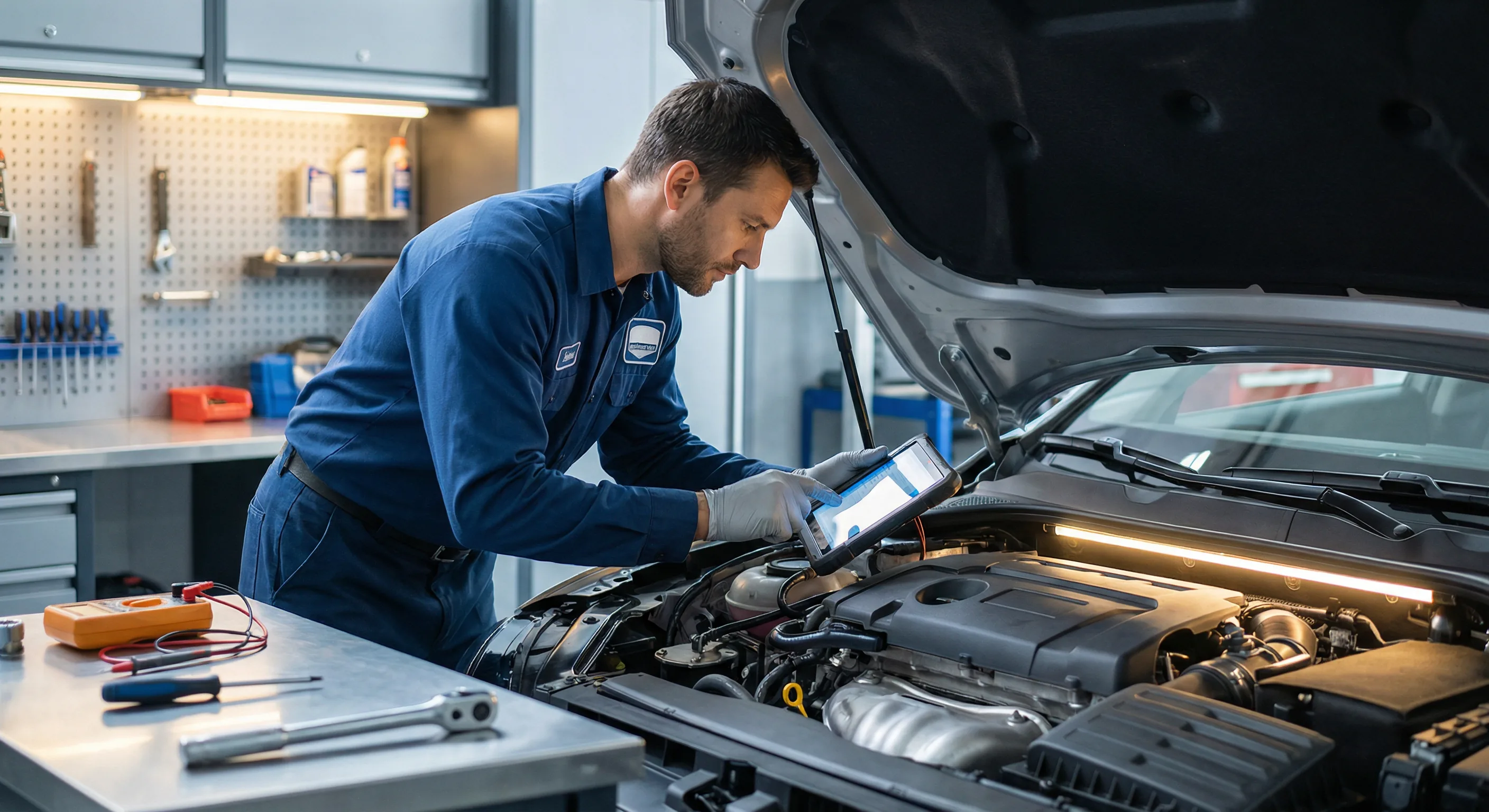 Mécanicien certifié effectuant un diagnostic moteur chez Pneus Mécanique Premium Inc à Mirabel